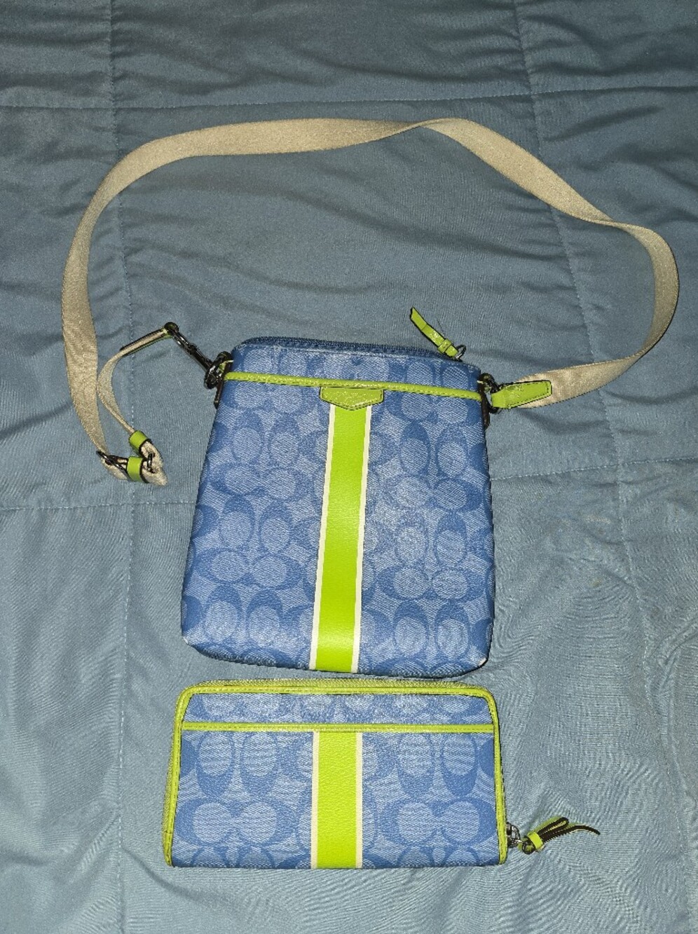 Coach Blue Signature Crossbody with Lime Accent